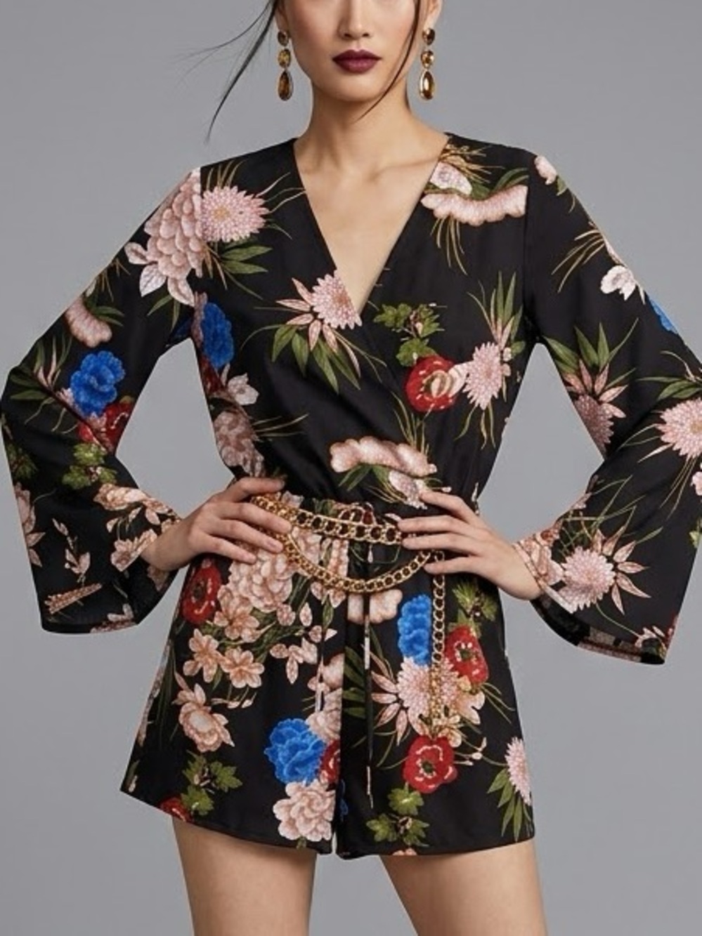 Parisian Floral Wrap Kimono Romper Size 4 Small Black Asian Long Bell Sleeve